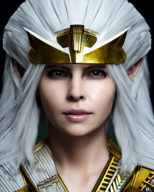 Image similar to perfect white haired attractive egyptian goddess, warframe armor, pharaoh headdress, beautiful, symmetric, dreamy, half asian, pretty face, green eyes, charlize theron, detailed, scifi platform, laboratory, experiment, 4 k, ultra realistic, epic lighting, android body, illuminated, cinematic, masterpiece, art by akihito tsukushi, voidstar