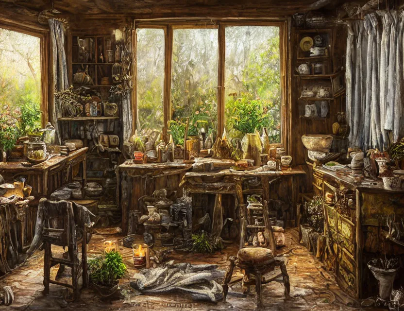 Prompt: expressive rustic oil painting, interior view of a cluttered herbalist cottage, waxy candles, burning herbs hazy, dried herbs, cabinets, wood furnishings, herbs hanging, wood chair, light bloom, dust, ambient occlusion, morning, rays of light coming through windows, dim lighting, brush strokes oil painting