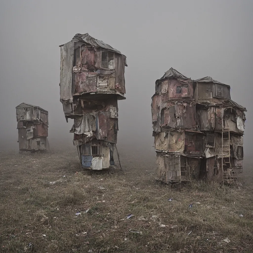 Image similar to two towers, made up of makeshift squatter shacks with faded colours, uneven dense fog, dystopia, mamiya, f 1 1, fully frontal view, photographed by jeanette hagglund