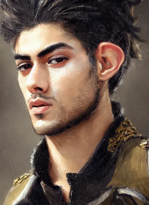 Image similar to close up head and shoulders portrait painting of young man who looks like zayn malik as an elf by jeremy mann, wearing leather napoleonic military style jacket, only one head single portrait, pointy ears