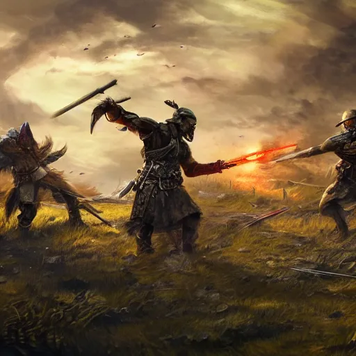 Image similar to war torn battlefield, figures fighting in the distance, a fallen warrior in focus, dnd, fantasy, high quality, high definition, concept art, smooth