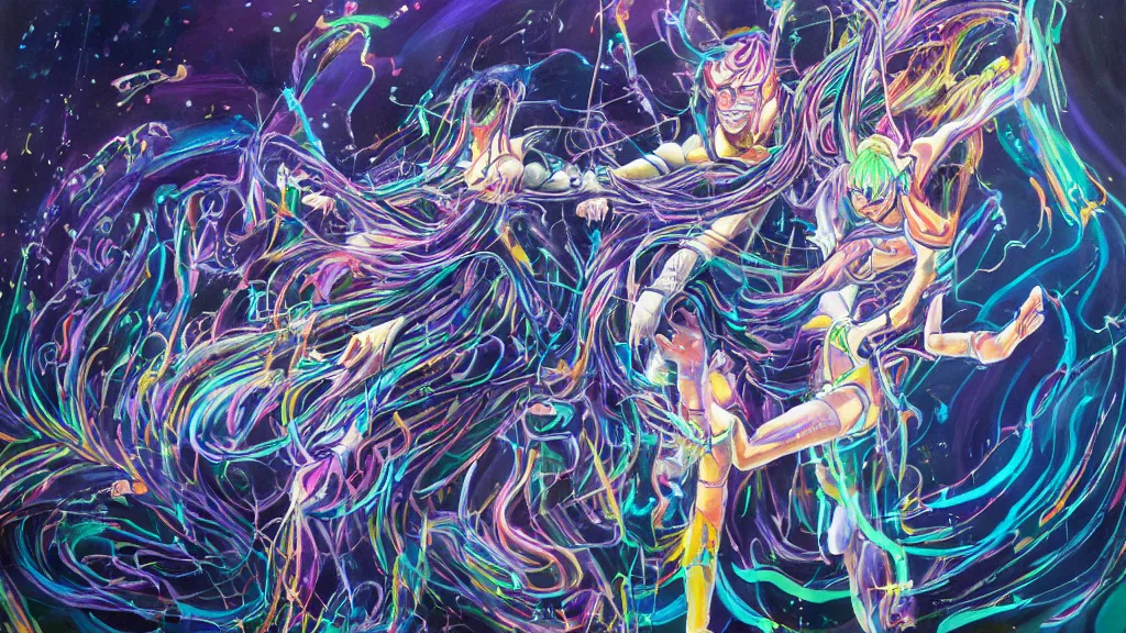 Image similar to a detailed painting of two people dressed as gen z dancing togheter in a nightclub, inspired by yoshitaka amano enveloped in trails of colorful animal ghosts floating around them. clean painting, realistic and auora lighting. dark blue and intense purple color palette, art by yoshiyuki tomino, 8 k