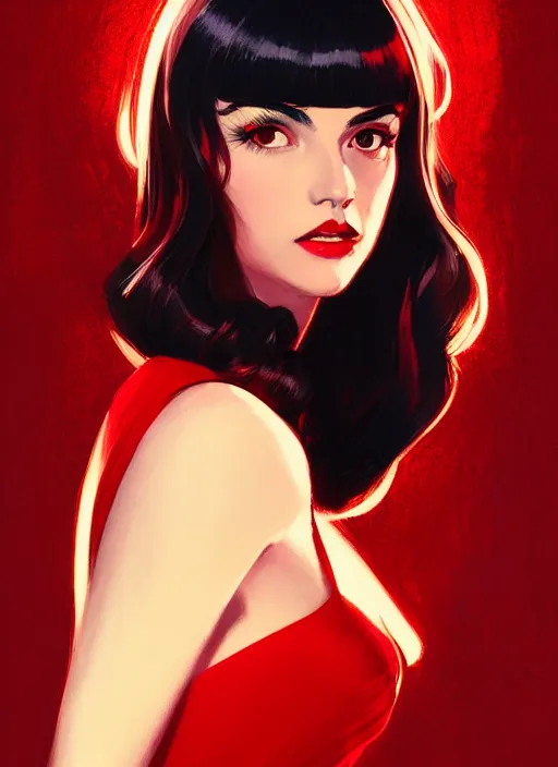 Image similar to portrait of veronica lodge with bangs, 1 9 6 0 s, long hair, red clothes, bangs, intricate, elegant, glowing lights, highly detailed, digital painting, artstation, concept art, smooth, sharp focus, illustration, art by wlop, mars ravelo and greg rutkowski