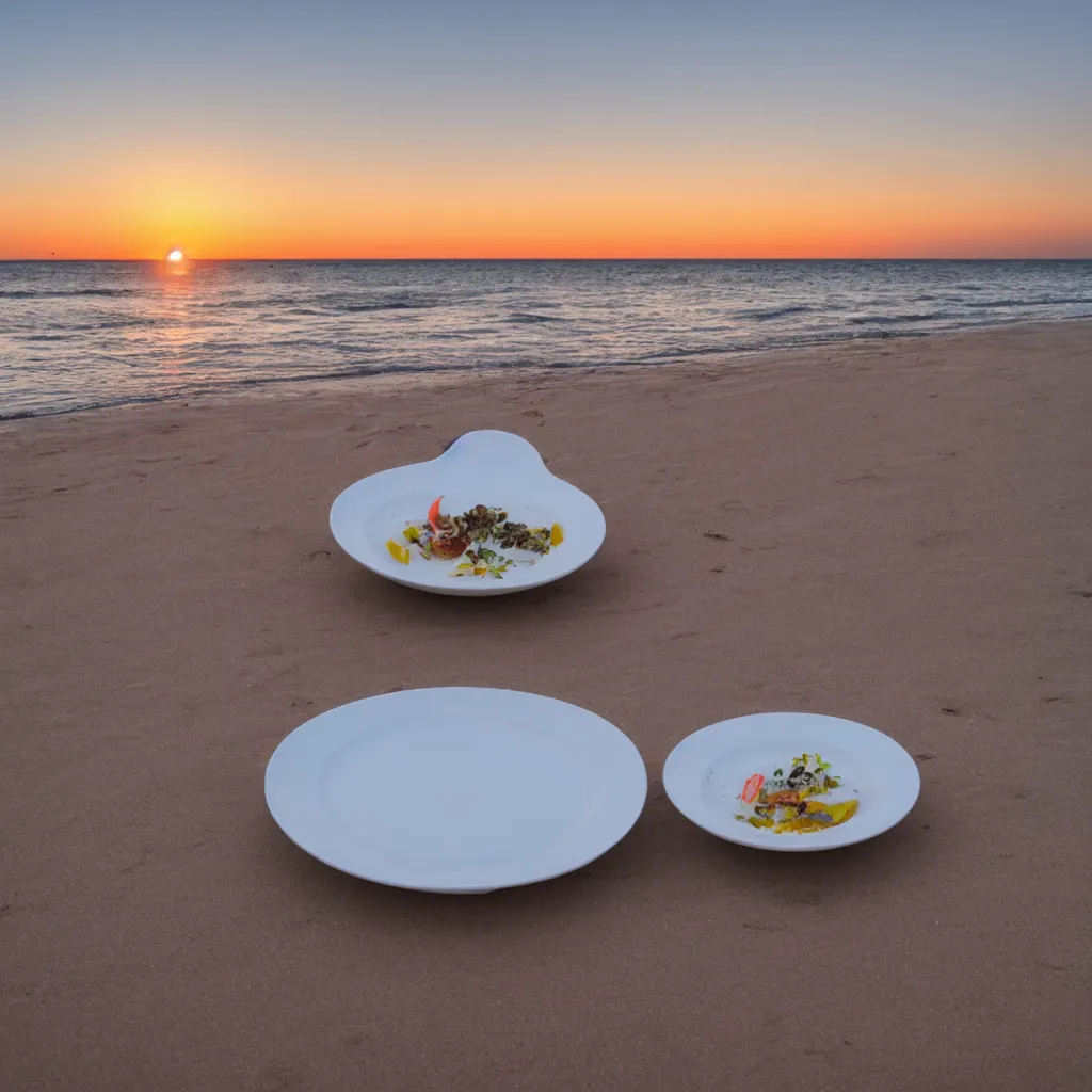 Prompt: professional photo of empty white dish in the middle over a table with a sunset on the beach in the background