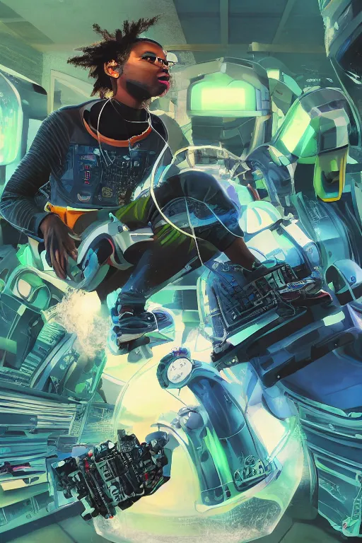Image similar to a black kid playing with a futuristic robot in the nature, mixing solarpunk, afropunk, cyberpunk, ( ( ( ( volumetric light ) ) ) ), high angle, part by pearl fryar, part by prince damah, sunny day, trending on artstation, cinematic view, illustration, painting.