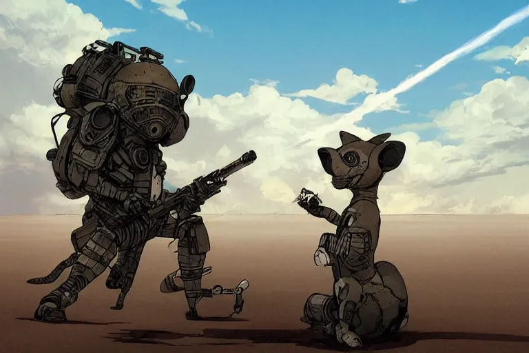 Image similar to anthropomorphic rodent with white and black ancestral ornate japanese tactical gear on an abandonment desert planet, high intricate details, long shot, rule of thirds, golden ratio, graphic novel by fiona staples and dustin nguyen, by beaststars and orange, peter elson, alan bean, studio ghibli, makoto shinkai