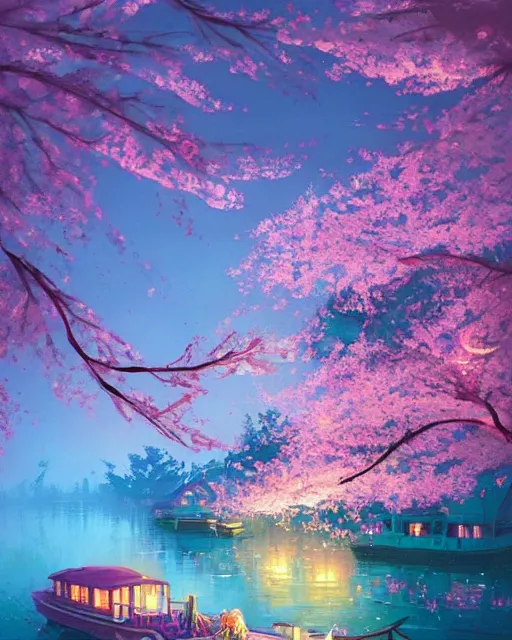Image similar to a houseboat on the river | cherry - blossoms | highly detailed | very intricate | serene romantic fantasy whimsical magical | professional cinematic lighting | bokeh | dusk | studio ghibli | award - winning | matte painting by anton fadeev and paul lehr and rhads and alena aenami | pastel color palette | featured on artstation