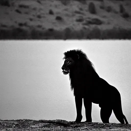 Image similar to found footage of a black lion standing in murky black lake, high temperature, cinematic lighting, focused eyes, apex predator, natgeo, 3 5 mm lens