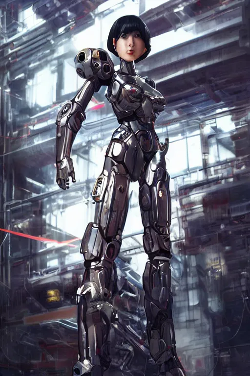 Prompt: a young attractive Asian woman wearing mecha armor inside a sci-fi hangar, dramatic pose, chrome, blue LEDs, wires and cables, highly detailed, photorealistic, volumetric lighting, digital art, octane render, in the style of Artgerm and Tom Bagshaw