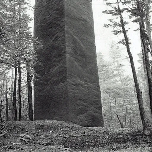 Image similar to old photograph of a giant monolith in a haunted forest