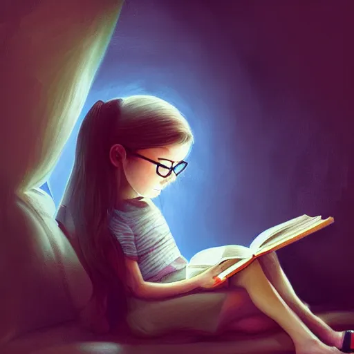 Prompt: a girl reading a book, highly detailed, digital painting, artstation, concept art, art by Benoit B. Mandelbrot