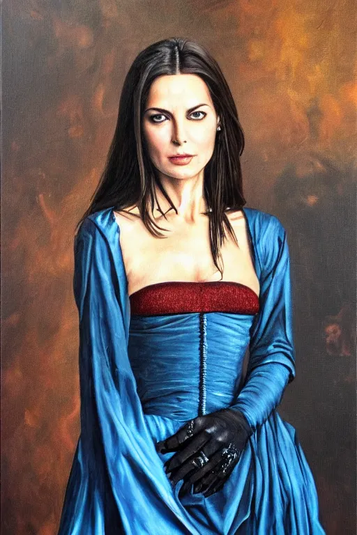 Prompt: hyperrealism oil painting, close - up portrait of carole bouquet medieval brunette vampire fashion model, knight, steel gradient mixed with nebula sky, in style of baroque