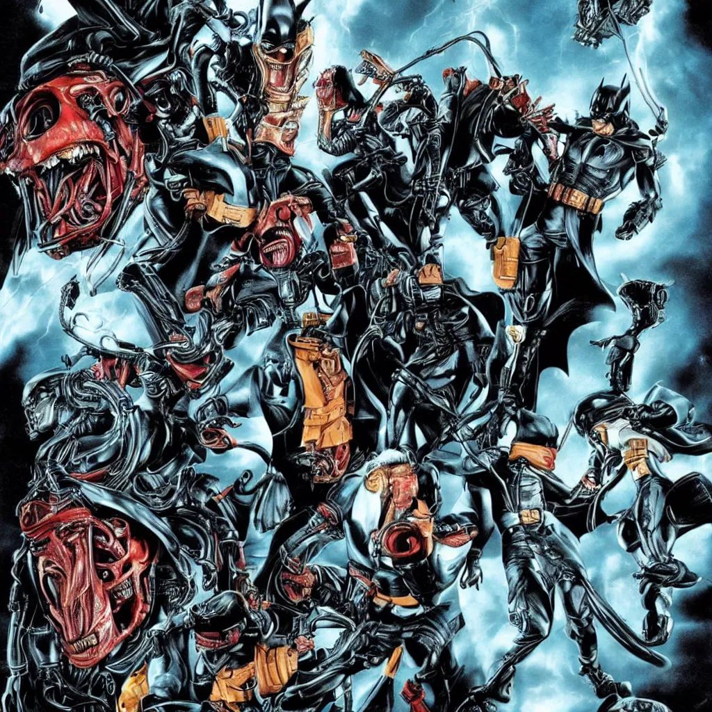 Image similar to back to the future 4 with batman, predator and xenomorphs,