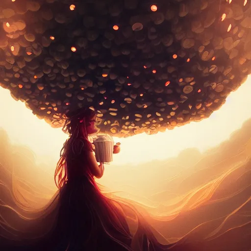 Prompt: goddess of coffee wearing a swirling dress surrounded by coffee beans and steam, matte fantasy painting volumetric lighting by Ross Tran and Jason Felix and Alena Aenami and Greg Rutkowski and Ching Yeh and Anato Finnstark, bokeh backdrop