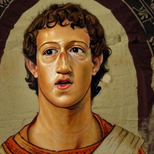 Image similar to mark zuckerberg as a roman noble. dressed in a toga. serious facial expression. on ancient roman fresco, detailed, well - preserved