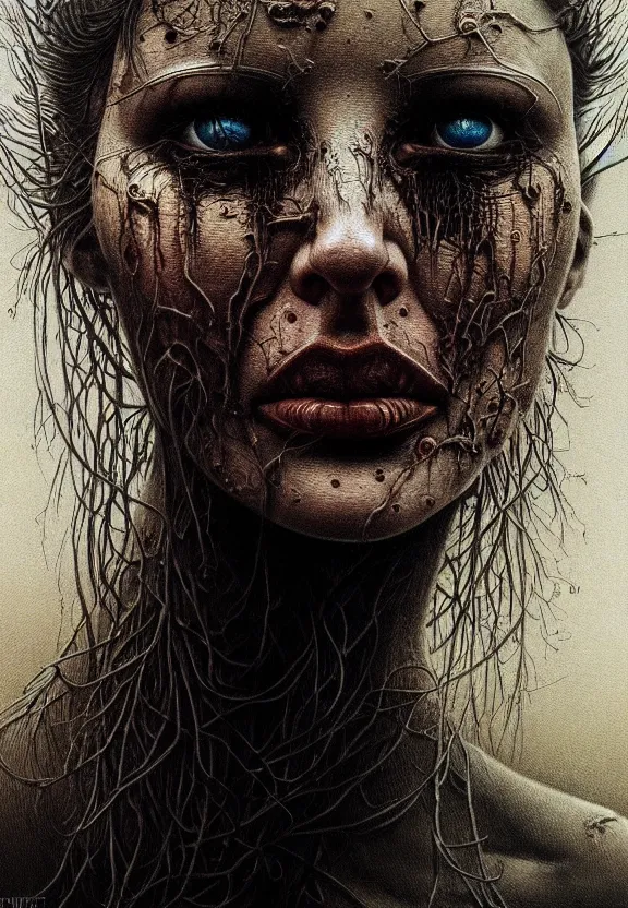 Image similar to ultra realist intricate detailed horror portrait of a single rugged attractive female, accurate features, apocalyptic, very intricate details, 8 k resolution, dim lighting, dramatic lighting, artstyle zdzisław beksinski, award winning