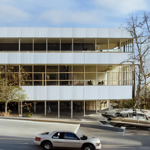 Image similar to second story cantilevered white brutalist office on top of 2 large piers, large windows, elegant, white stone, proportion, golden ratio, epic composition, steel window mullions, cars parked underneath, 1 6 : 9