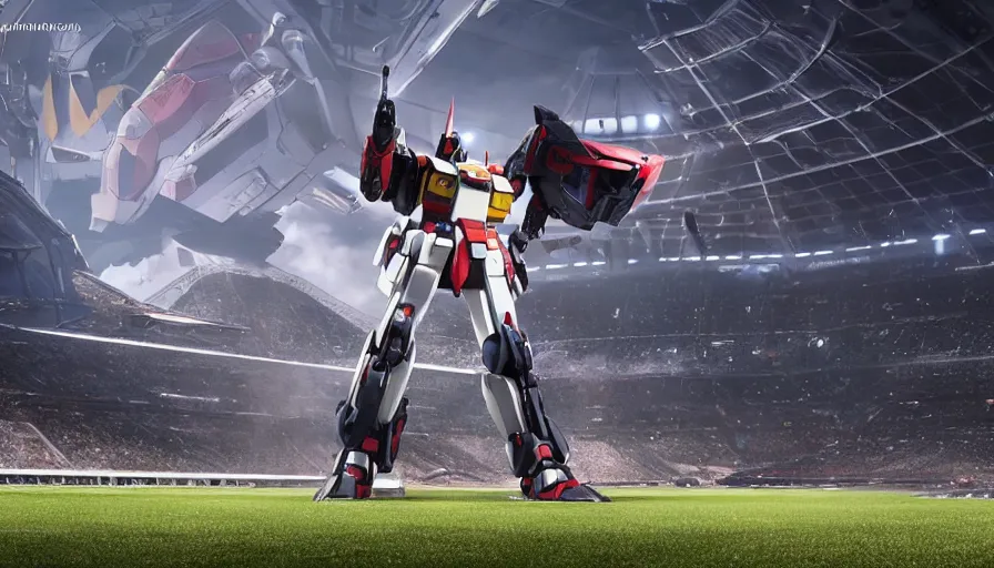 Image similar to a futuristic full stadium with a giant gundam on the field, establishing shot, unreal engine, hyper realism, realistic shading, cinematic composition, realistic render, octane render, detailed textures, photorealistic, ultrawide shot