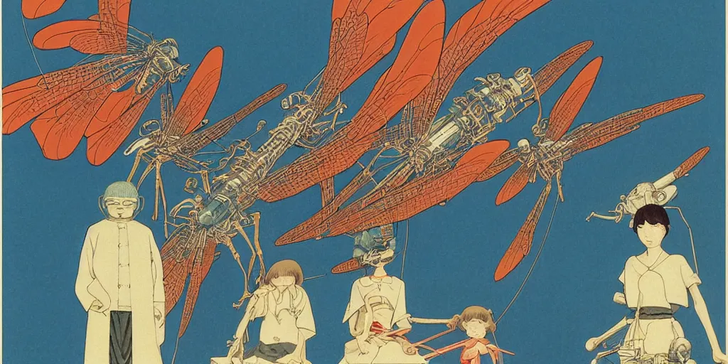 Image similar to gigantic dragonflies with human faces catch tiny robots, a lot of exotic mechas robots around, human heads everywhere, risograph by kawase hasui, edward hopper, satoshi kon and moebius, no text!, colorful flat surreal design, super - detailed, a lot of tiny details, fullshot