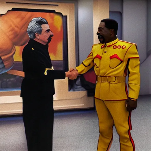 Image similar to a hyper realistic ultra realistic photograph of stalin shaking hands with Geordi La Forge, highly detailed, 8k photograph