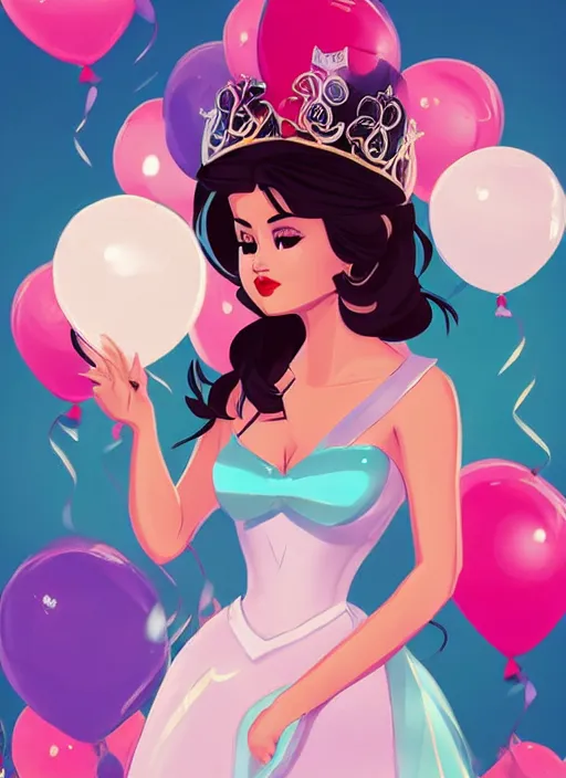 Prompt: woman resembling selena gomez dressed as a disney princess with a crown. balloons. clean cel shaded vector art. shutterstock. behance hd by lois van baarle, artgerm, helen huang, by makoto shinkai and ilya kuvshinov, rossdraws, illustration,