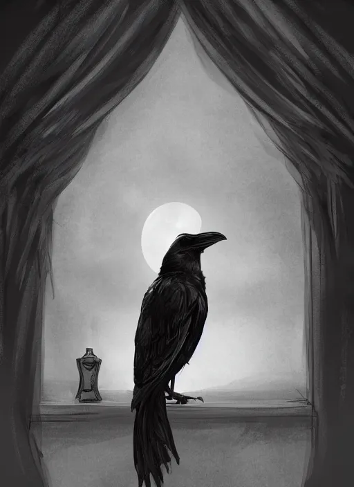 Prompt: a raven perched upon a windowsill at night in a gothic manor, black & white digital painting, trending on artstation