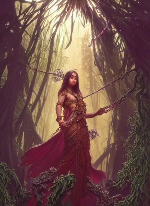 Prompt: kuntilanak on tree, d & d, wet, shiny, fantasy, intricate, elegant, higly detailed, dramatically art, ultra definition, digital painting, artstation, concept art, smooth, sharp focus, illustration, art by artgerm and greg rutkowski and alphonse mucha and garis edelweiss and kharisma jati