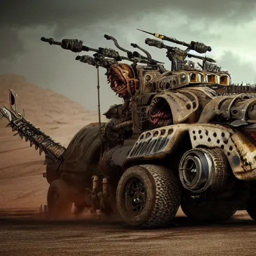 Image similar to mad max vehicles made out of ork technology from warhammer 40k, au naturel, hyper detailed, digital art, trending in artstation, cinematic lighting, studio quality, smooth render, unreal engine 5 rendered, octane rendered, art style by klimt and nixeu and ian sprigger and wlop and krenz cushart