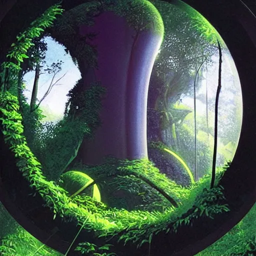 Image similar to portal in a middle of a lush futuristic forest, alien world seen through a portal, syd mead, john harris