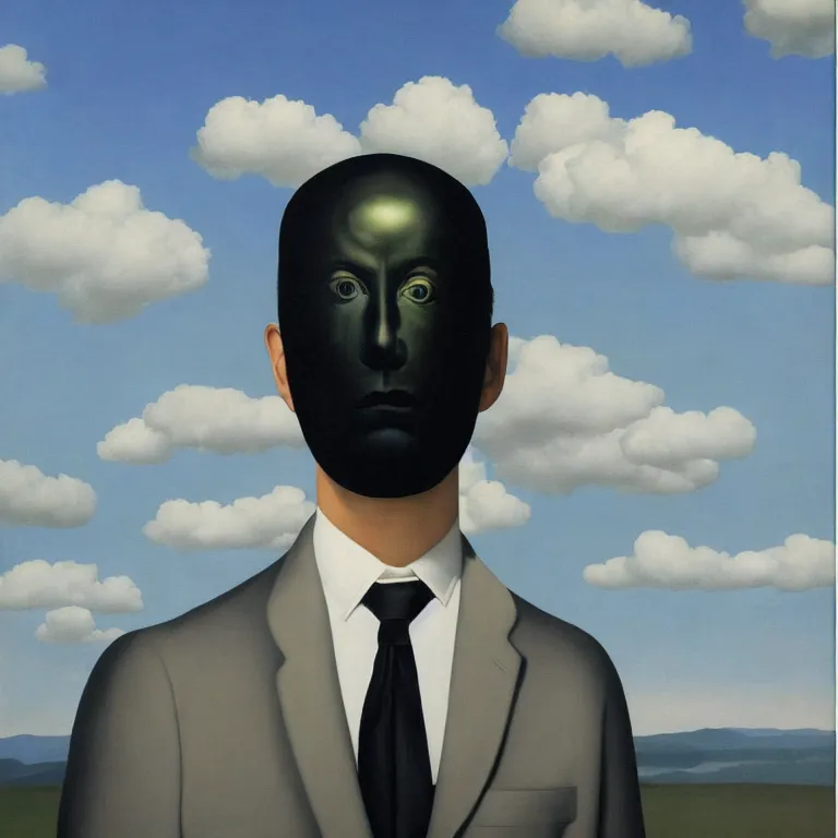 Image similar to portrait of a faceless reflective chrome - head man in a suit and black gloves, clouds and nature landscape in the background, by rene magritte, detailed painting, distance, centered, hd, hq, high resolution, high detail, 4 k, 8 k