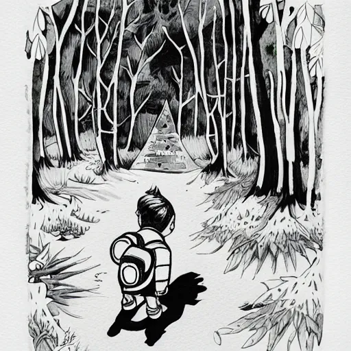 Image similar to mcbess illustration, watercolor, of a little boy with a backpack in a forest