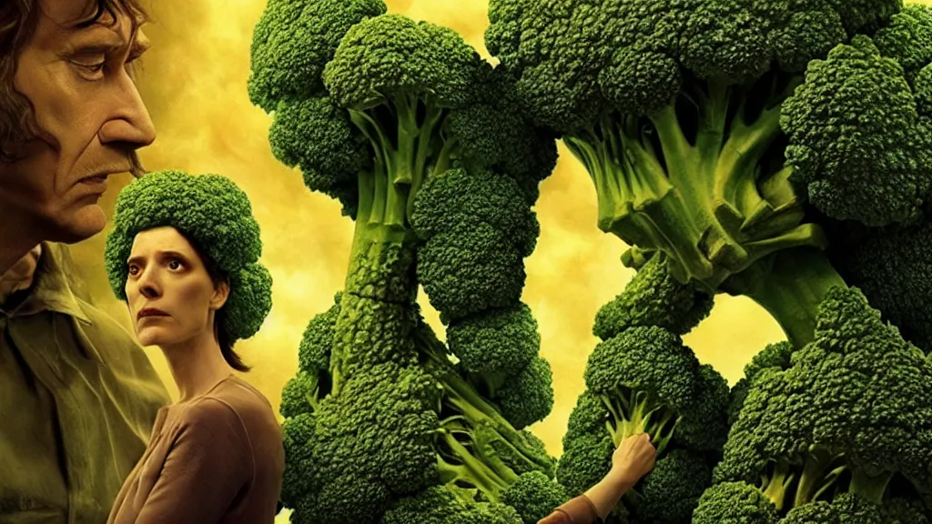 Prompt: the broccoli creature, film still from the movie directed by denis villeneuve and david cronenberg with art direction by salvador dali and karol bak, wide lens