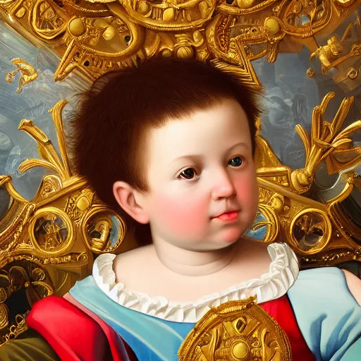 Prompt: hyperdetailed elaborate minimalist photorealistic side portrait of a child, inside an elaborated rich modern maximalist room full of illustrated toys. in the style of Caravaggio with flemish baroque details, vibrant shiny textures in soft pastel tones. matte background. HD 8x
