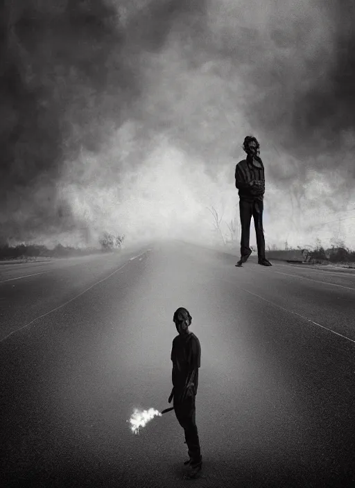 Image similar to The last selfie on earth, hyper realism, devastation, fear, sadness, tears, ominous background, smoke, fire storm, by Lee Jeffries