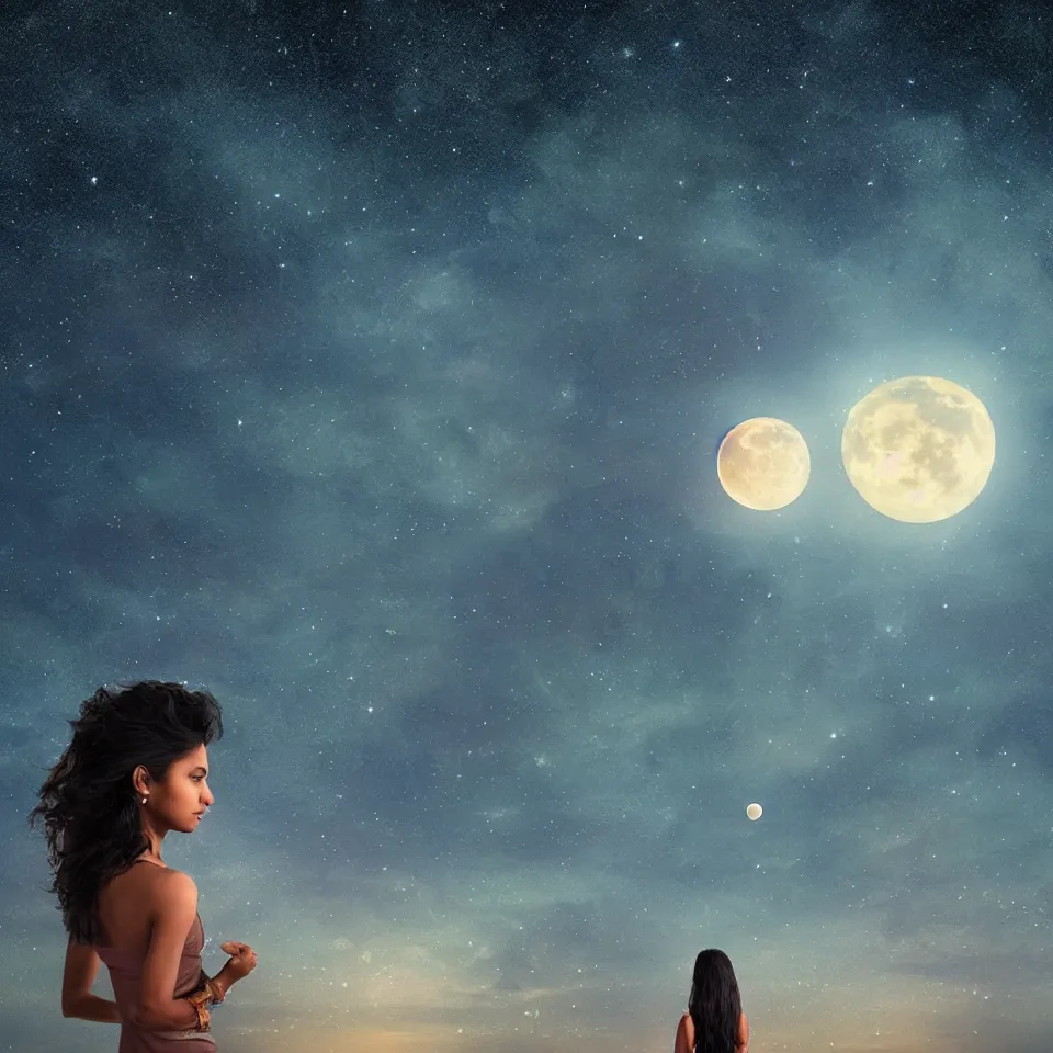 Image similar to young indian woman standing by the ocean at night with the moon above and the galaxy visible, masterful intricate artwork, high detail 8 k