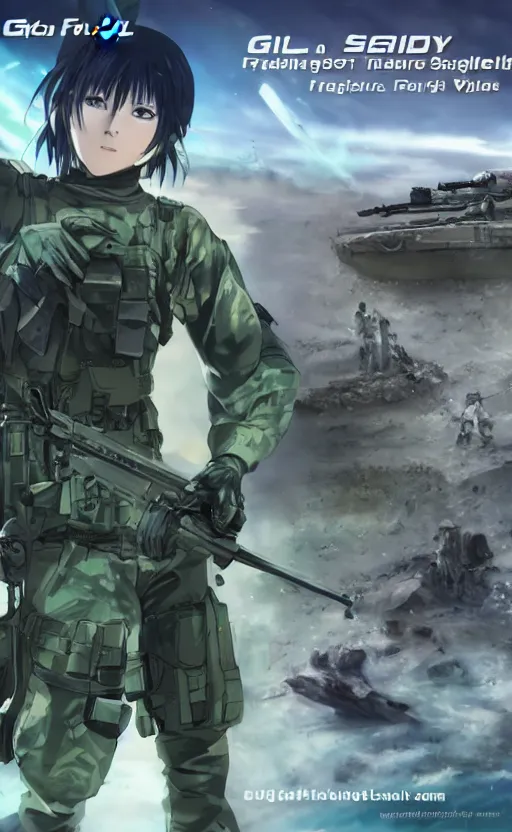 Prompt: girl, trading card front, future soldier clothing, future combat gear, realistic anatomy, concept art, professional, by ufotable anime studio, green screen, volumetric lights, stunning, military camp in the background, metal hard surfaces, real face