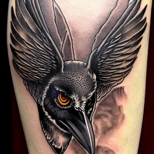 Prompt: surreal image depicting a raven combined with a deer and an owl but is also actually a window into the ocean. Fine line tattoo art. dark fantasy, intricate detail.