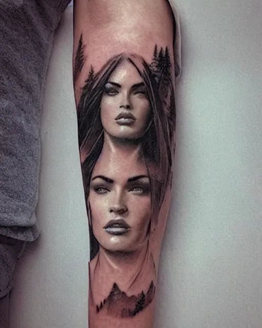 Image similar to creative double exposure effect tattoo design sketch of megan fox faded in beautiful mountain scenery, realism tattoo, in the style of matteo pasqualin, amazing detail, sharp