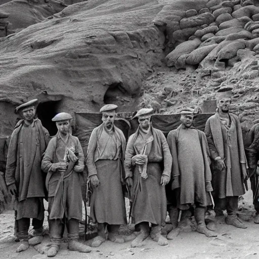 Prompt: ultra detailed photorealistic sepia - toned photo from 1 9 1 7, clean - shaven british soldiers standing with bedouin traders in traditional arab garb, at an archaeological dig site in wadi rum, ultra realistic, painted, intricate details, lovecraft, atmospheric, dark, horror, brooding, highly detailed, by clyde caldwell