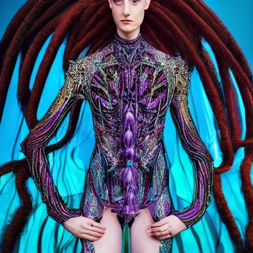 Image similar to intricate detail, haute couture, iris van herpen, mugler, alexander mcqueen, techno mystic, inanna ashteroth with aqua neon rapunzel dreadlocks, nautical siren, princess intergalactica, gateway to futurisma