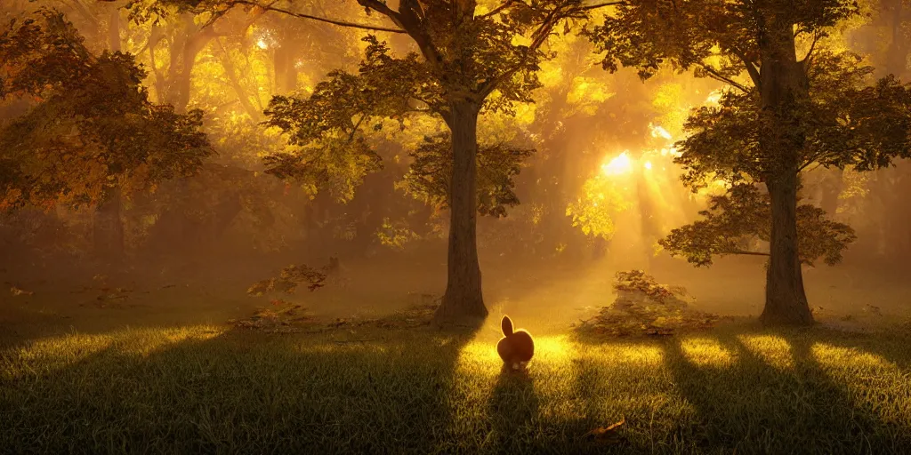 Prompt: A yellow baby rabbit, temple, sunset with falling leaves, Tyndall rays, low angle, light through the mist, dramatic lighting, photorealistic, cinematic lighting, high detail, cinematic feel, high octane, 4K, Unreal Engine, digital render, intricate, ultra realistic, concept art