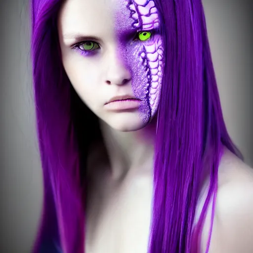 Image similar to detailed photo portrait of a furious teen girl with thin, hair-like purple tentacles on her head and bright purple eyes, 8k, trending on Pixiev, face enhance,hyper detailed ,full of colour,
