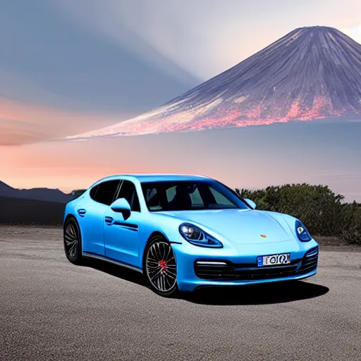 Image similar to a blue Porsche Panamera driving with a volcano on the view
