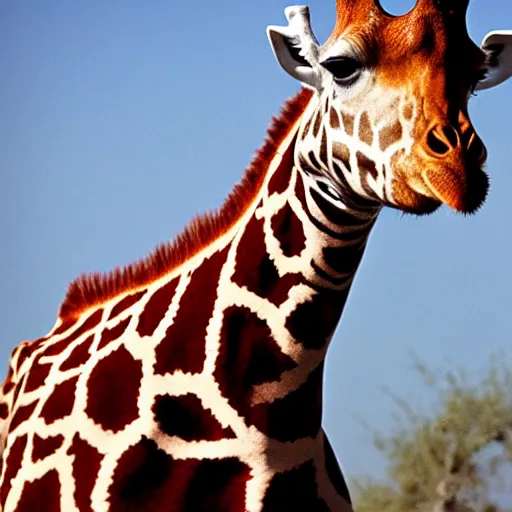 Prompt: national geographic photo of a giraffe wearing a red tie on its neck