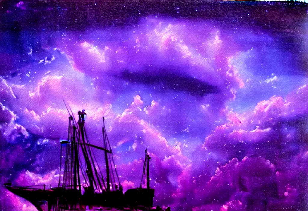 Image similar to purple color lighting storm with stormy sea close up of a pirate ship firing its cannons trippy nebula sky with dramatic clouds painting by Richard Prince Photorealism