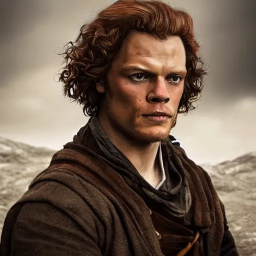 Image similar to Sam Heughan as Jamie Fraser, caricature portrait exaggerated by Sebastian Krüger and Bruno Tesse trending on artstation, hyperdetailed, perfect composition. Scotland background