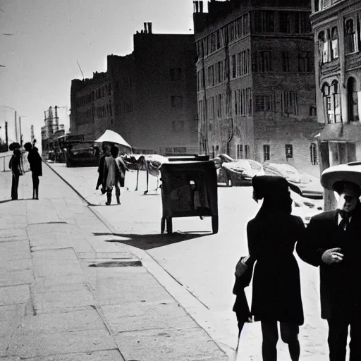 Prompt: a photo of a couple walk along street take by HENRI CARTIER-BRESSON.