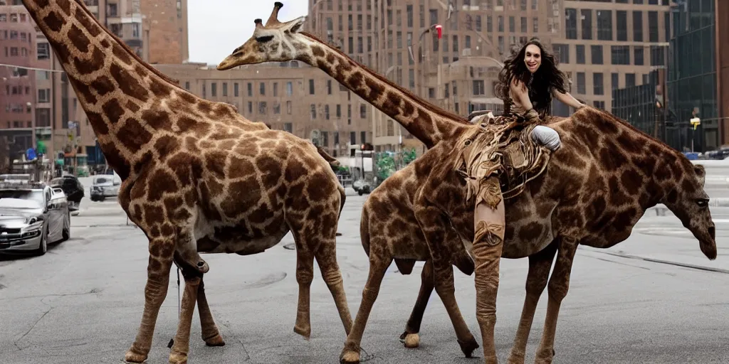 Image similar to gal gadot, in a red victorian era dress, rides on the back of a huge giraffe necked albino elk as it walks thru the deserted streets of downtown cleveland