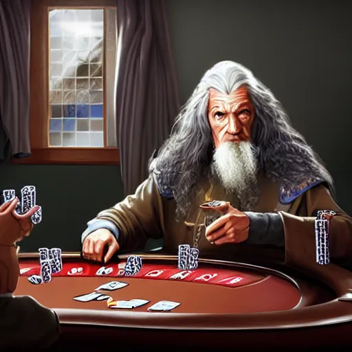 Image similar to gandalf playing poker, casino, highly detailed, digital art