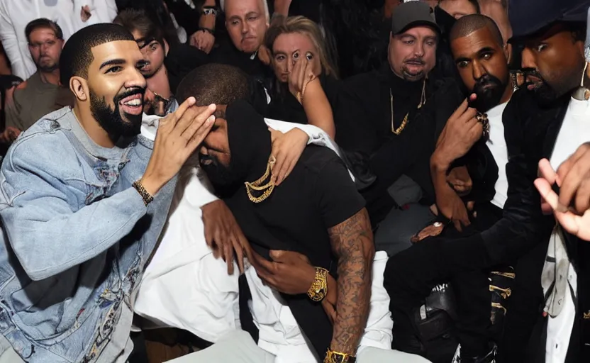 Prompt: drake carring kanye west up stairs